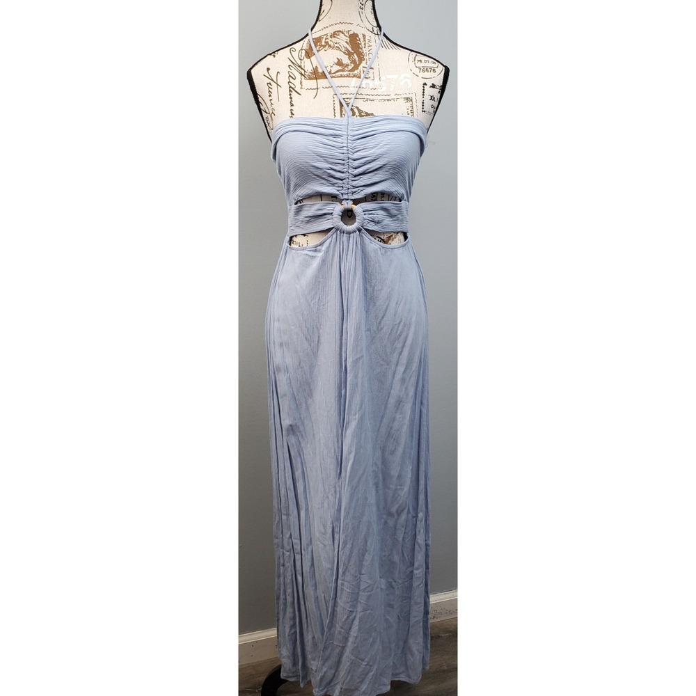 ILLA ILLA Beach Cover Up Dress Women S Blue O-Ring Waist Smocked Back Halterneck